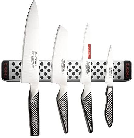 Global Set 4 Cuchillos (G-2, Cocinero, 20cm, GS-5, Vegetales, 15cm, GS-11, utilitario Flexible, 15cm, y GS-38, puntilla, 9cm) y una Barra magnética, 31cm (G-42/31), G-251138/M30