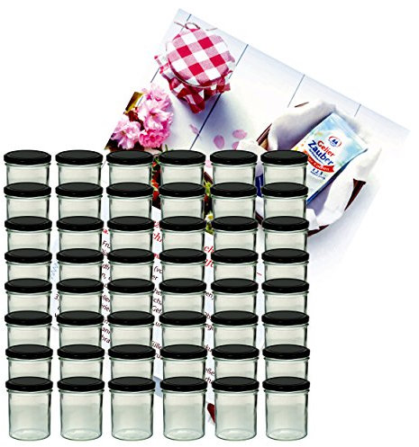 MamboCat 48er Set Sturzglas 350 ml Marmeladenglas Einmachglas Einweckglas to 82 schwarzer Deckel incl. Diamant-Zucker Gelierzauber Rezeptheft