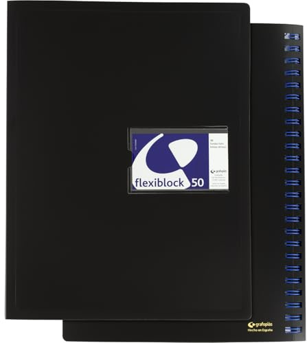 Grafoplas - Carpeta con 50 Fundas Transparentes y Doble Espiral Oculta, Flexiblock, Tapas Rígidas, Negro, Tarjetero en portada
