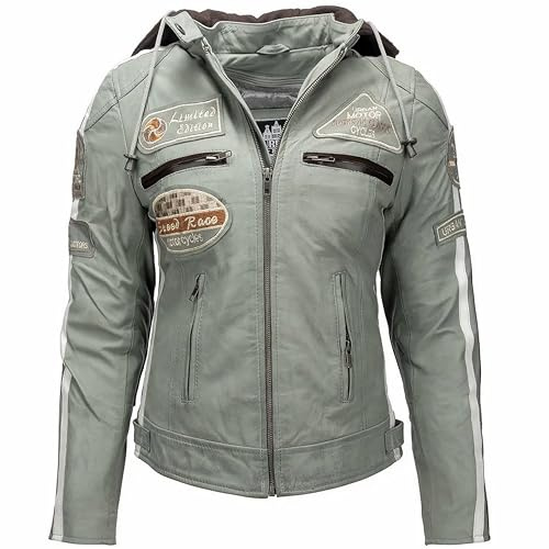 URBAN 5884 Giacca da motociclista da donna con protezioni, giacca in pelle di agnello, protezioni per schiena, spalle e gomiti | Grigio | 5XL
