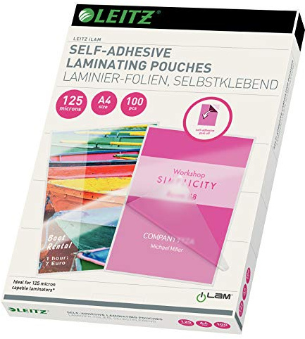 Leitz Selbstklebende Heißlaminierfolien A4 125 mic, für Schilder und Wegweiser, Hochwertige Laminierfolien im 100er Pack, Glänzend, Transparent, 16925