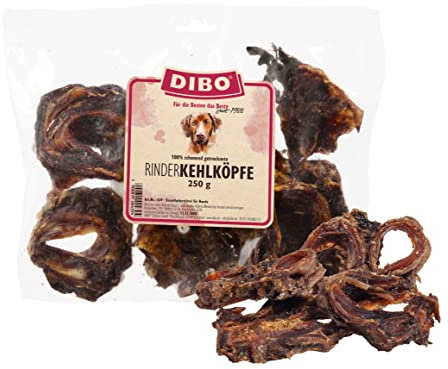 DIBO Rinderkehlköpfe, geschnitten, 250g-Beutel, der kleine Naturkau-Snack oder Leckerli für Zwischendurch, Hundefutter, Qualitätskauartikel ohne Chemie