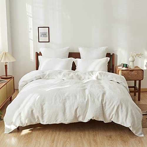 Simple&Opulence Juego de Funda de edredón de 100% Lino, Funda de con 2 Fundas de Almohada, 3 Piezas de Ropa de Cama de Estilo básico de Color sólido con Cierre de botón(Blanco,King)
