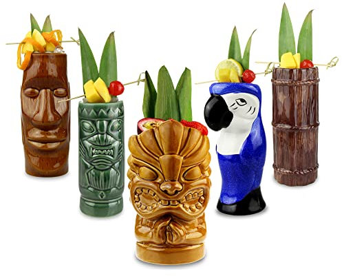 bar@drinkstuff Ceramic Luau Tiki Party Pack - Set of 5 - Ceramic Cocktail Mugs
