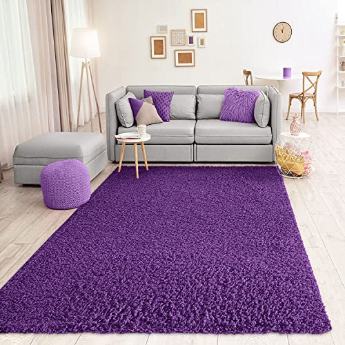 VIMODA Teppich Prime Shaggy Hochflor Langflor Einfarbig Modern Lila für Wohnzimmer, Schlafzimmer, kinderzimmer, Maße:Ø 80 cm Rund