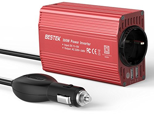 BESTEK Convertisseur Onduleur Métal 300W 12V 220V à 240V Chargeur Allume-Cigare Transformateur de Courant avec 1 Prise Française et 2 Ports USB pour Voiture Camion - Rouge