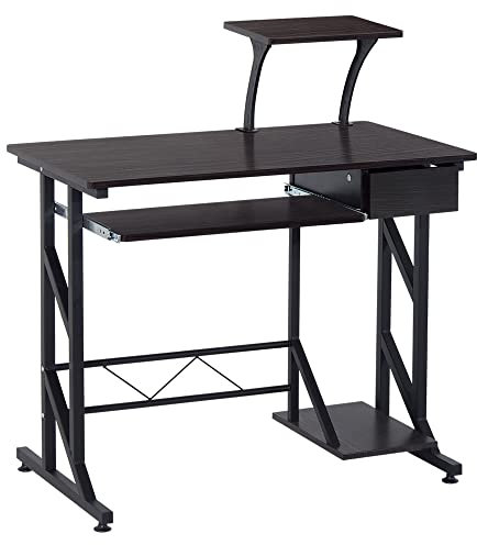 HOMCOM Computer Desk with Display Stand, Sliding Keyboard Tray Drawer and Host Box Shelf Home Office Workstation Dark Brown