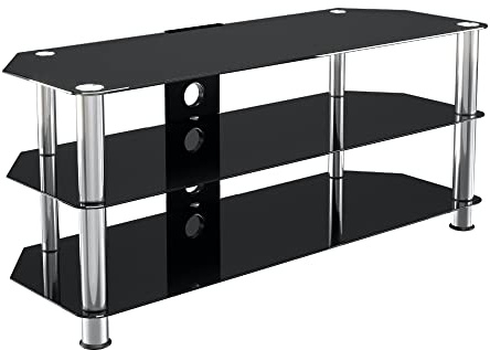 AVF Black Glass TV Stand - Black Glass & Chrome Leg TV Unit Floorstand with Cable Management, 114cm Wide, For TVs Up to 55 & 45kg Max - SDC1140CM