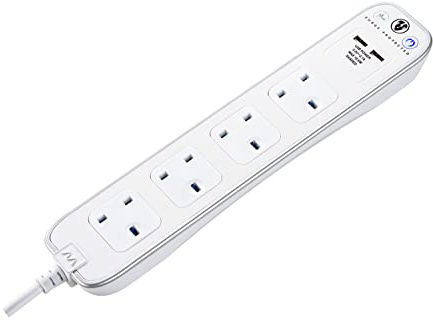 Masterplug SRGU41PW2-MP Four Socket Switched Inline Power Surge Protected Extension Lead with Two USB Charging Ports, 1 Metre, Gloss White, 2.0 cm*1.0 cm*1.0 cm