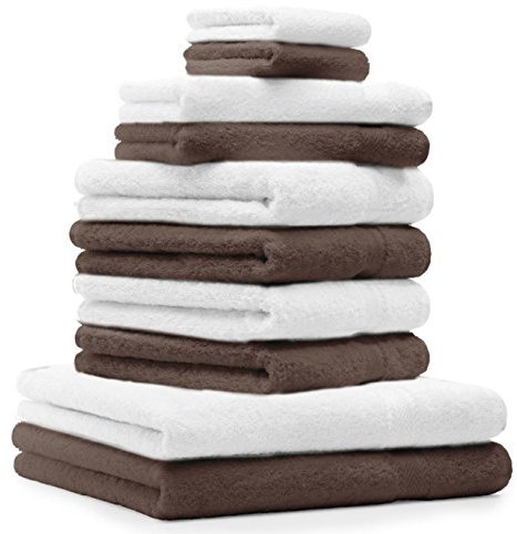 Betz 10-TLG. Handtuch-Set Premium 100% Baumwolle 2 Duschtücher 4 Handtücher 2 Gästetücher 2 Waschhandschuhe Farbe Nuss Braun & Weiß