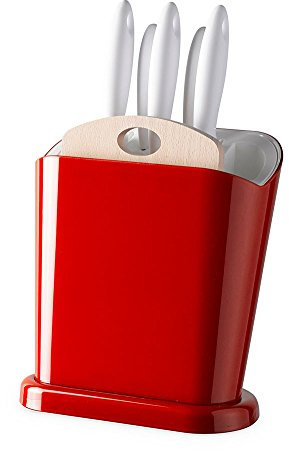 Omada Design Messerblock aus Polypropylen, Made in Italy, multifunktionaler Messerhalter mit Satz 5 Messerhalter für die Küche aus Edelstahl und Schneidbrett aus Holz. Linea Trendy, Rot Farbe