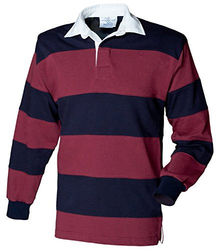 Front Row Sewn Stripe Long Sleeve Sports Rugby Polo Shirt (XL) (Burgundy/Navy)