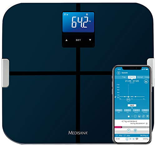 medisana BS 440 digitale Körperanalysewaage, Personenwaage mit praktischer App, Körperfettwaage, Messung von Körperfett, Körperwasser, Muskelmasse & Knochengewicht, Bis 180 kg, Schwarz
