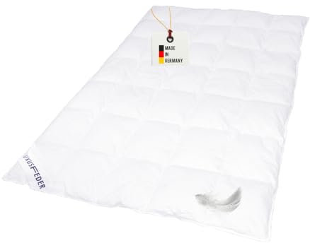 Luxusfeder Daunendecke Sommer 155x220 cm 505g 100% weiße sächsische Neue Gänsedaunen, Daunenbettdecke leicht, deutsches Qualitätsprodukt
