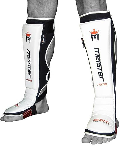 Meister MMA Edge Schienbeinschoner aus Leder mit Gelpolsterung, Weiß, Größe S/M, 1 Paar