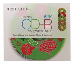 Memorex® Holiday Theme CD-R Recordable Media With Slim Jewel Cases, 700MB/80 Minutes, Pack Of 5