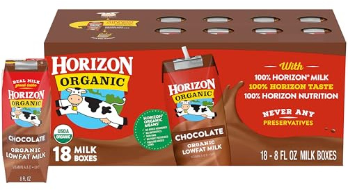 Horizon Organic Shelf Stable 1% Lowfat Chocolate Milk Boxes, 8 fl oz, 18 Count - 8g Protein per Serving, USDA Organic UHT from Pasture-Raised Cows, Ready to Drink for Lunchbox, Travel, or On-the-Go, No Refrigeration Needed