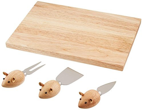 Kikkerland Planche à Fromage en Bois d'hévéa Souris en Acier Inoxydable, Lot de 4, Dur, Marron, 1 EA