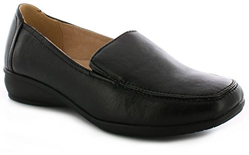 DR KELLER WOMENS WIDE FITTING SHOES LADIES LIGHTWEIGHT MOCCASIN FLAT LOW WEDGE FIT COMFORT SMART CASUAL FORMAL OFFICE WORK LEATHER LINED LIGHT WEIGHT LOAFER WIDER FIT SLIP ON SHOE 5 UK Black / Matt