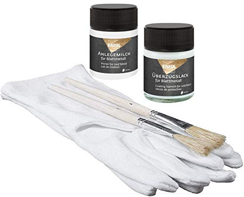 Blattgold-Blattsilber Zubehör 1 x Kreul Anlegemilch 50ml + 1 x Überzugslack 50ml + 1 Vergolderhandschuhe + 2 Pinsel