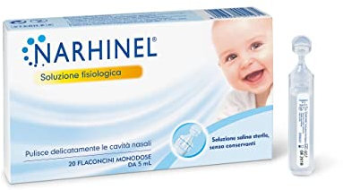 Narhinel Soluzione Fisiologica per Lavaggi Nasali, Soluzione Salina Isotonica, Detersione Delicata delle Cavità Nasali in caso di Naso Chiuso, Confezione da 20 flaconcini monodose x 5 ml