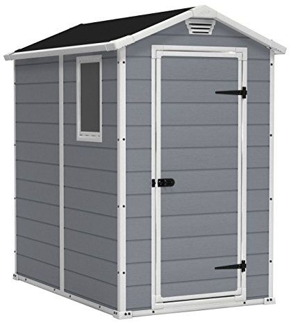 KETER Manor - Cobertizo de almacenamiento exterior, fabricado en resina, ideal para guardar muebles y herramientas de jardín, accesorios de bicicletas, sillas de playa, un cortacésped (gris y blanco, 1,22 x 1,83 m)