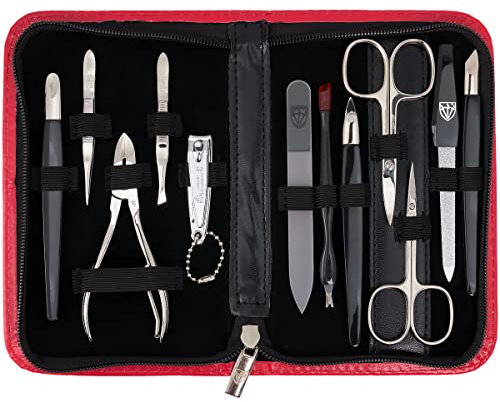DREI SCHWERTER - 12-tlg. Nagel Set 'Palermo' | Hochwertiges Maniküre und Pediküre Reise-Etui-Set: Farbe: Kunst Leder Rot | Inhalt: 12 Instrumente inkl. Nagelschere, Nagelknipser, Glasfeile etc.
