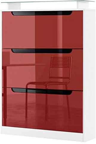 Vladon Shoe Cabinet Space, Shoe Storage Unit for 24 Pairs of Shoes with 3 Drop-Down Doors and a Glass Shelf, White matt/Bordeaux High Gloss (89 x 128 x 23 cm)