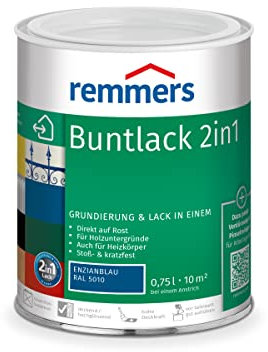 Remmers Buntlack 2in1 enzianblau (RAL 5010), 0,75 Liter, Buntlack für Holz, Eisen, Stahl, inkl. Grundierung und Rostschutz, innen und außen