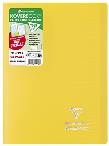 Clairefontaine 971416C Un quaderno a punto metallico Koverbook giallo - A4 21x29,7 cm - 96 pagine a quadretti grandi - Carta Bianca 90g - copertina opaca in polipropilene riciclato