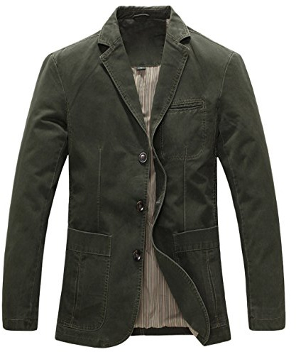 chouyatou Men's Casual Three-Button Stripe Lined Cotton Twill Suit Jacket (Medium, Army Green)