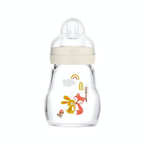 MAM Biberon verre, 170 ml – 0+ mois – Tétine débit 1, vitesse lente – Blanc