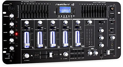 resident dj Kemistry 3BK - Table de mixage DJ, Mixeur 4 canaux, Console de mixage DJ, Bluetooth, Port USB, Port SD, Compatible MP3, 2 x entrée RCA-Phono/Line, Égaliseur 10 Bandes, Noir