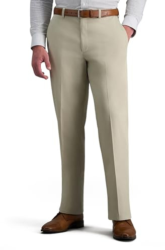 Haggar mens Premium No Iron Khaki Classic Fit Expandable Waist Flat Front Pant, Sand, 40x32