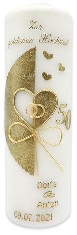 Handverzierte Kerze goldene Hochzeit GH-21 mit Namen & Datum - Geschenkverpackung optional