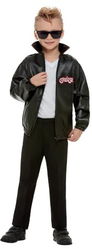 Smiffys Grease Kids T-Birds Jacket in Black, Officially Licensed, Features T-Birds Badge and Grease Logo on Front, Ideal for Matching Group Fancy Dress and Playful Music-Themed Events Halloween