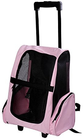 PawHut Transportín 2 en 1 para Mascotas Mochila o Carrito de Viaje para Perro y Gato con 2 Ruedas con Asa retráctil de Aluminio y Bolsillos 42x25x55 cm Rosa