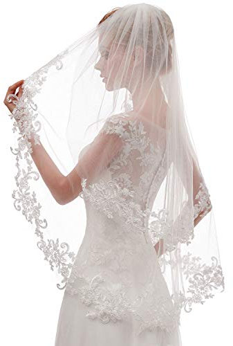 EllieHouse damen kurz 2 tier spitze hochzeit brautschleier mit kamm 2 t (1st tier 70cm / 27inch, 2. stufe 90 cm / 35 zoll) weiß