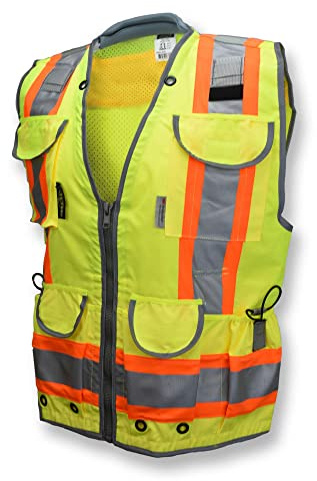 Radians SV55 Class 2 Heavy Woven Two Tone Engineer Vest With Padded Neck To Support Extra Weight In Cargo Pockets, Green, Medium
