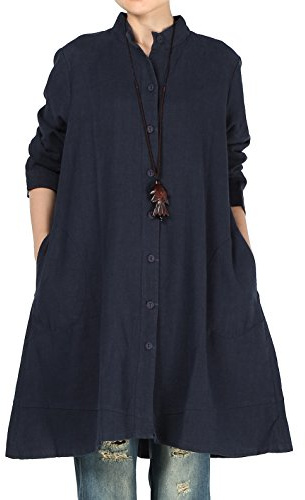 Vogstyle Chemise Robe Femme Blouse Chemisier Femme Longue Caseul Manches Longues Poches Latérales Marine Bleu L