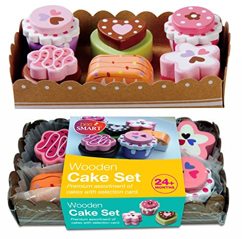 Bee Smart Tea Party Wooden Cakes | Kids Playset Pretend Play Food with Menu Card and Sturdy Cardboard Serving Tray | Childrens Role Play & Imaginary Play Kitchen Set | Birthday Gifts for Toddlers