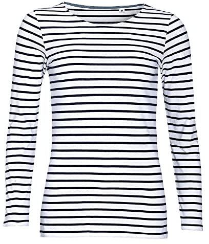 Sols Damen Marine T-Shirt, gestreift, langärmlig (L) (Weiß/Marineblau)