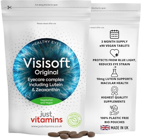 Visisoft™ Lutein 10mg with Zeaxanthin & Bilberry | 90 Vegan Capsules | | Eye Health & Vision Support. Protects from Blue Light | Added Vitamin A, Riboflavin & Zinc | UK Made - Just Vitamins