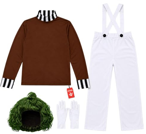 Fun Shack, Chocolate Factory Costume Men, Halloween Costume For Men | Dungarees, Shirt, Gloves & Curly Green Wig Included, Perfect for Halloween, Mens Movie Character Costumes, Candy Costume