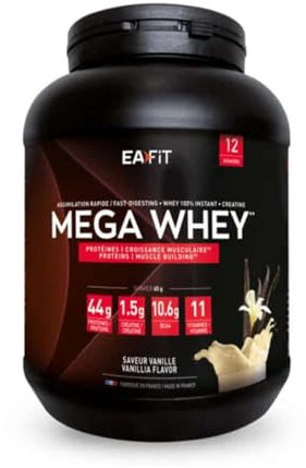 EAFIT- Mega Whey- construction musculaire pour la musculation- 43g de protéines de Whey+10g de BCAA+1,5g de créatine par shaker- Assimilation Rapide- Vanille- 750g- Creatine monohydrate