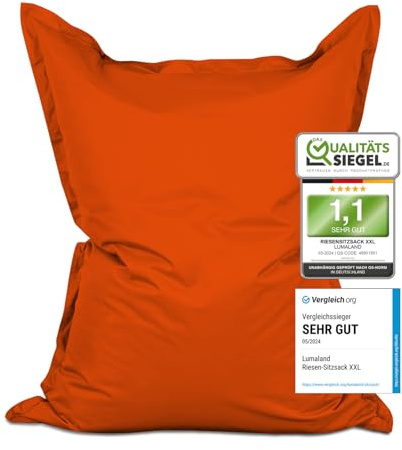 Lumaland Riesen-Sitzsack XXL 140x180 cm | Wasserfestes Indoor & Outdoor Liegekissen mit über 3 Mio. anpassungsfähigen EPS-Perlen | Bean Bag mit waschbarem Bezug [Orange]