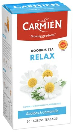 Carmien | Rooibos Tea to Relax, 20 Tea Bags with Camomile & Rosehip Blend | Hibiscus Blend, Herbal, Caffeine Free, Sugar Free, Calming, Improves Sleep, Stress & Anxiety Relief, Natural Ingredients