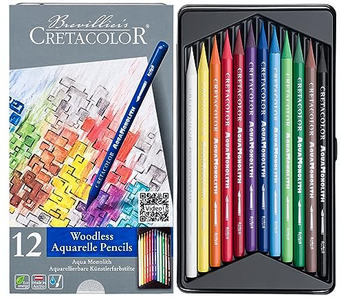 CRETACOLOR Aqua Monolith, lápiz artístico acuarelable de mina entera, 12 colores, apto para diversas técnicas pictóricas, sin madera, trazo fuerte y rico