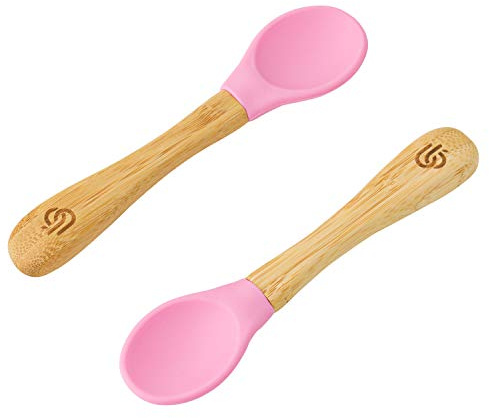 bamboo bamboo ® Baby avvänjningsskedar set med 2 | Bambu med mjuka silikonspetsar | Ergonomiska handtag med enkelt grepp | BPA-fri (set med 2, rosa)