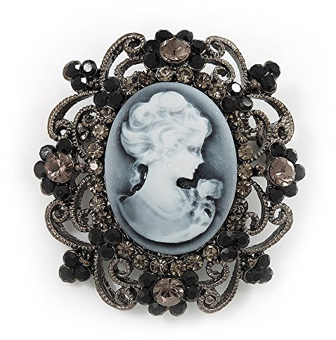 Broche Camée diamante noir/gris métal vert-de-gris- longueur 4,5cm